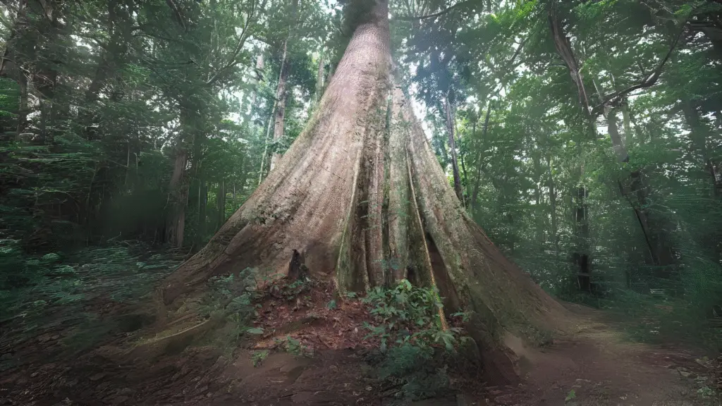 Gigantescos troncos de árbol en la selva tropical del Parque Nacional de Gunung Leuser, un exuberante corredor de trekking