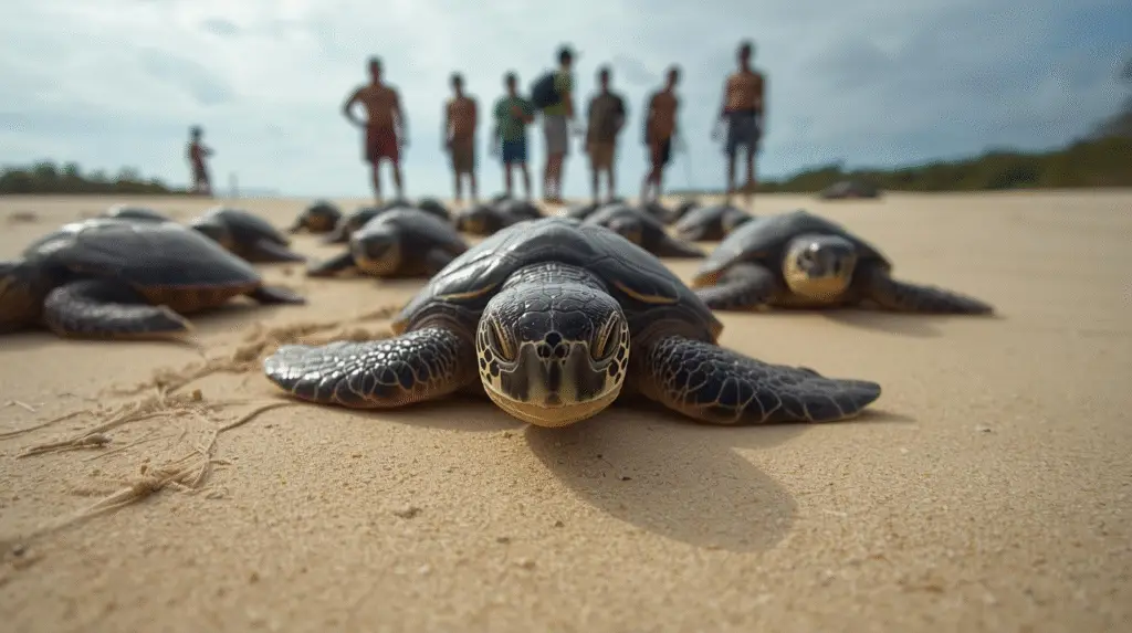 Sea turtles on a sandy beach, possibly on Pulau Banyak Aceh Singkil. Maritime tourism.