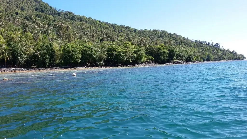 Het prachtige kustlandschap van Lemukutan Island, West-Kalimantan. Weelderig groene bomen ontmoeten de helderblauwe oceaan.