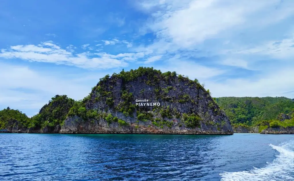 Piaynemo Geosite in Raja Ampat, Indonesië. Weelderig groen eiland met rotsachtige kliffen.