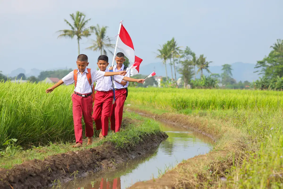 Anak-anak berjalan melalui sawah dengan bendera Indonesia
