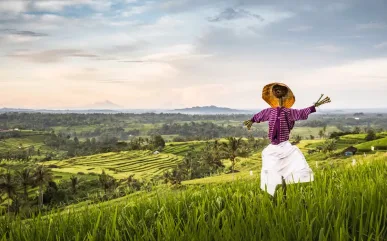 Vogelverschrikkers in levendig groene rijstvelden, Indonesië. Een duurzame toeristische bestemming.