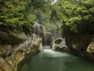 Een rustige waterval stort zich in een smaragdgroene poel bij de Nyarai waterval, West-Sumatra. Weelderig regenwoud omringt dit serene tafereel.