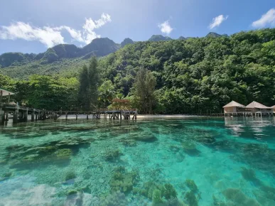 Kristalhelder water onthult een levendig koraalrif bij de overwaterbungalows op Ora Beach, Maluku. Weelderig groene bergen vormen een betoverende achtergrond.